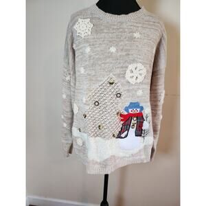 Vintage Ashley Hill‎ Womens XL Tan Crew Neck Winter Themed Holiday Sweater